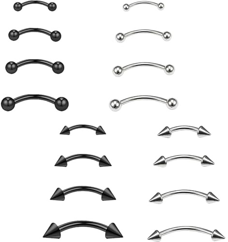 Denipry 16Pcs Curved Barbell Piercing 16G Stainless Steel Lip Bars Eyebrow Piercing Jewellery for Lip Belly Studs Septum Studs Eyebrow Rings for women Men 6mm 8mm 10mm 12mm(Black and Silver)