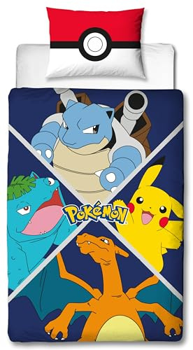 Pokémon, Parure de Lit Enfant Gamer pour Lit 1 Place, Motif Pikachu Starter Evolution, Ensemble 2 pièces Housse de Couette Réversible 140x200 cm et Taie d'oreiller 63x63 cm, Textile Certifié Oeko TEX