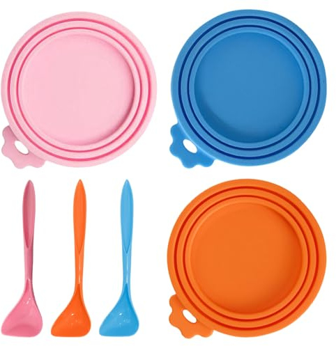 Larfraecy 3 Pack Silicone Can Lids for Tins with Spoons,Universal Airtight Tin Covers 1 Fit 3 Standard Size,Tin Lids for Cat Dog Food&Human Food Tins,3 Colours Can Covers,BPA-Free,Dishwasher Safe