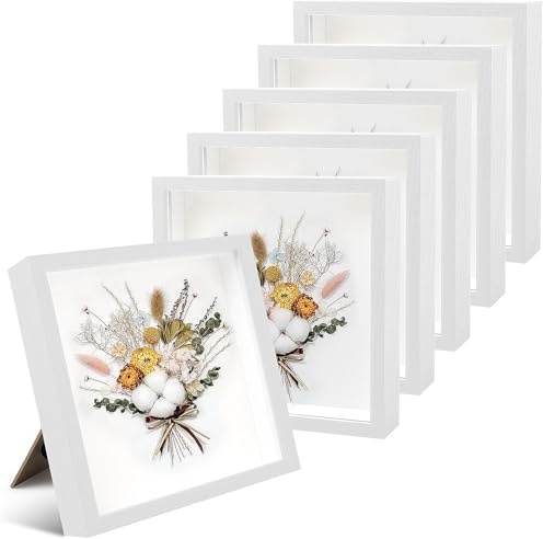 JTKDG 6er Set 3D Bilderrahmen 22x22cm, Weiß 3D Objektrahmen Tiefer 3cm | Tiefer Rahmen für Wand & Desktop, Shadow Box für Fotos, Objekte, Hochzeitsstrauß, DIY Kunstwerke