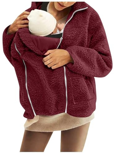 Kvinnor moderskapsjacka 2-i-1 babyjacka vinter varm nallebjörn rockar fluffig fleecejacka tjock varm moderskapskappa för kvinnor, Röd, 3XL