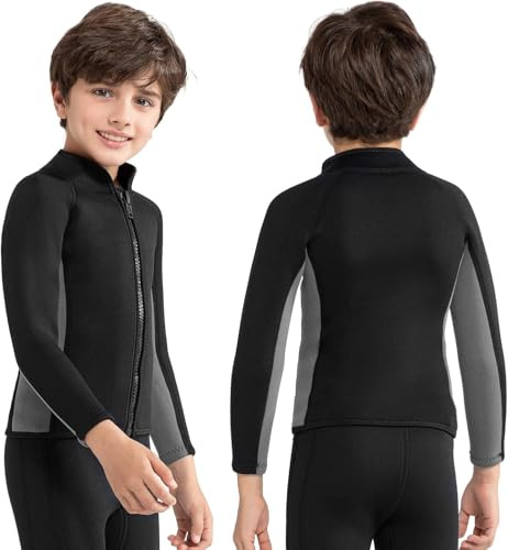 Intbost Kids Neoprene Wetsuit Top Long Sleeve 3mm Wet Suit Jacket Front Zip Warm Quick Dry for Child Swimming Pool Beach Snorkelling & Surfing Children Boys