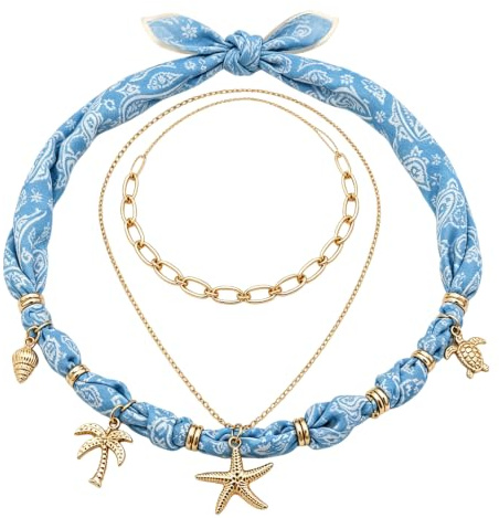 Vesavifaka Collier Écharpe Coloré avec Breloques Coquillage et Étoile de Mer, Bijoux Boho pour Femmes, Bandana d'Été, Collier de Coquillage Océan Poisson, Bijoux de Vacances à la
