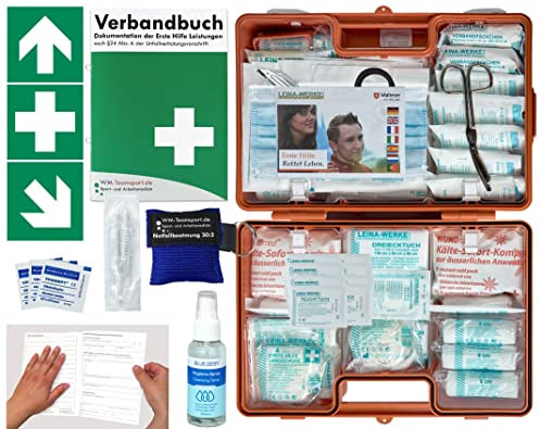 Erste-Hilfe-Koffer M2 PLUS für Betriebe ab 50 Mitarbeiter nach aktueller DIN/EN 13169 -Paket 1- incl. AUFKLEBER & Verbandbuch & Hygiene-Ausstattung