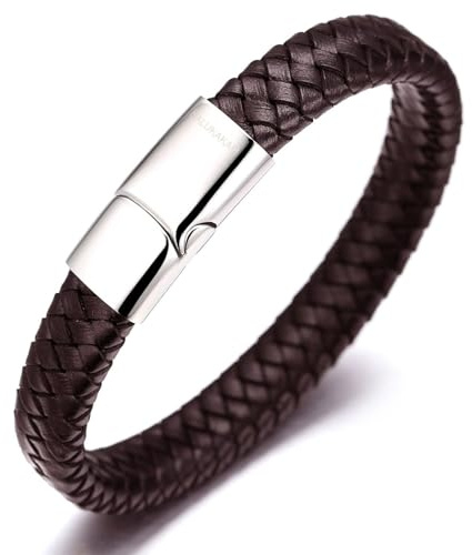 HALUKAKAH ● Solo ● Pulsera Hombre Cuero Genuina Marrón con Cierre Magnético Titanio Acero Inoxidable Plata 8.46(21.5cm) con Caja de Regalo