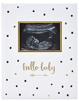 Pearhead Hello Baby First 5 Years Memory Book, Gender-Neutral Baby Keepsake for New and Expectant Parents, Pregnancy And Milestone Journal, Modern Minimalist Black and Gold Polka Dot