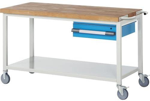 eurokraft | Fahrbare Werkbank Serie 8000 | Gestellbauweise | 1 Hängeschublade | Ablageboden | BxT 1500 x 700 mm