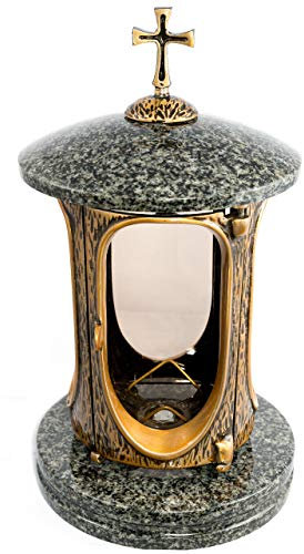 Elegante farol para tumba Elégant con cruz de granito Impala claro, altura 27 cm/15 cm de diámetro, lámpara de granito, lámpara de granito, bronce con base decorativa para tumbas