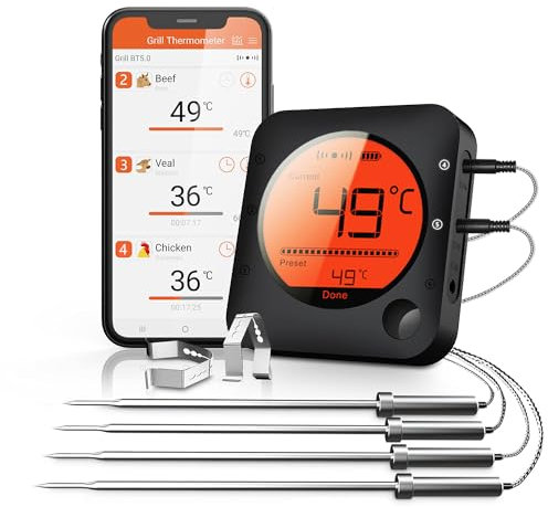 BFOUR Termómetro con Bluetooth, con temporizador, 4 sensores de temperatura, sondas de temperatura, termómetro digital, pantalla LED, lectura inmediata (4 sondas)