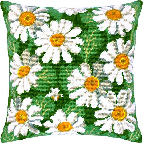 Brvsk blommig broderisats för vuxna och nybörjare – tusenskönor 40 x 40 cm med tydlig, exakt tryckt design på bomullsduk; inkluderar 2 nålar, garn och lättläst tabell
