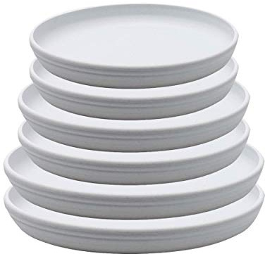 SAROSORA Juego de 6 platillos Redondos de plástico para Plantas, para Interiores y Exteriores, hogar, jardín, contenedor de Plantas, paletas para macetas (23+26+29) x2, Blanco-Gris