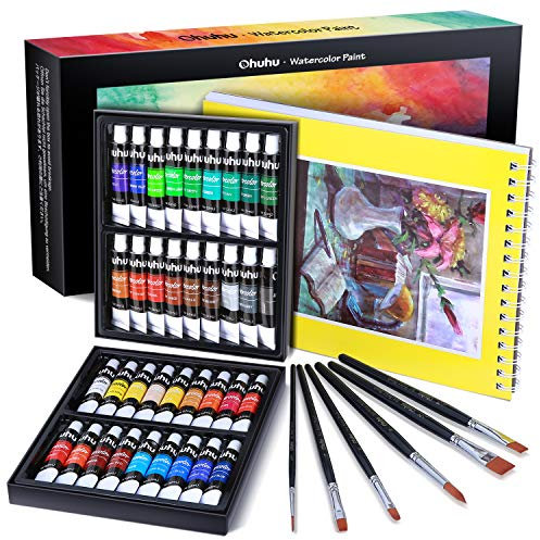 Aquarellfarben Set, Ohuhu 36 Farben Wasserfarben (12ml/Röhre) & 6 Aquarellpinsel und 24 Seiten Aquarellpapier - Ungiftig, Reiches Pigment & Schnell Trocknend Watercolor für Künstler und Malbegeisterte