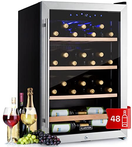 Klarstein Weinkühlschrank, Getränkekühlschrank Schmal, Kühlschrank mit Glastür, Getränkekühlschränke Freistehend, Weinkühlschrank Klein, Weinkühlschränke 1 Zone, UV-Schutz, 4-18 °C, 48 Flaschen
