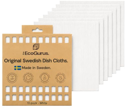 10 Pack Premium Odour-Resistant Reusable Cleaning Cloths | Original Swedish Dishcloth | Made in Sweden | Absorbs 20x Its Weight | Replaces 150 Paper Towels | Biodegradable Cellulose Cloth | White