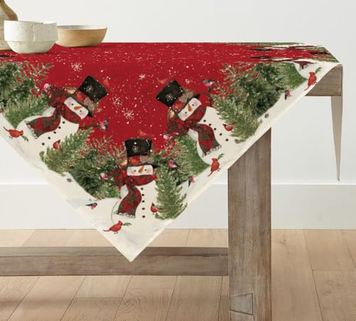 Artoid Mode Rot Schneemann Bäume Weihnachten Tischdecke, Saisonnal Tischwäsche Winter Küche Tisch Dekoration Drinnen Urlaub Party Dekor 85x85 cm