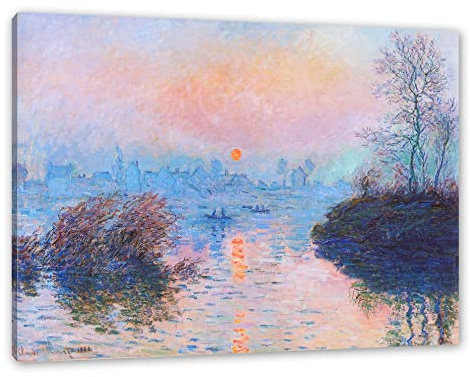 Pixxprint Claude Monet - Sonnenuntergang auf der Seine im Winter, Weiß, Größe: 100x70cm, Leinwandbild, fertig gespannt, Wandbild, Dekoration, Kunstdruck, kein Poster