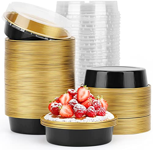 Beasea Aluminum Cupcake Pans with Lids, 4 Inch 100 Pack Disposable Pie Pans for Cake, 8 Oz Aluminum Pie Pan Tin Black Golden Tart Pans Round Oven Baking Mini Cake Pan for Pie Tart Quiche