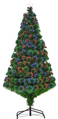 HOMCOM Sapin de Noël Artificiel Lumineux 150H cm Fibre Optique Vert | Multicolore, Support Pied, 180 Branches, étoile Sommet Brillante