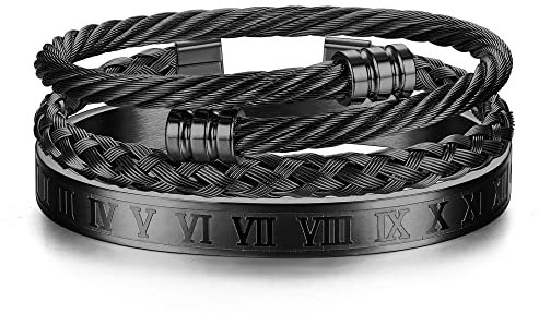 JeweBella 3 Stück Armreif Herren Edelstahl Luxus Römische Ziffer Armreif Verstellbar Offen Manschette Armreif Armband Set Silber/Gold/Schwarz