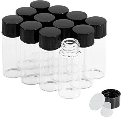 Cadbibe Lot de 12 flacons en verre transparent de 4 ml avec bouchon à vis et bouchons en plastique, petites bouteilles en verre anti-fuite pour liquide, poudre, échantillons et petits objets
