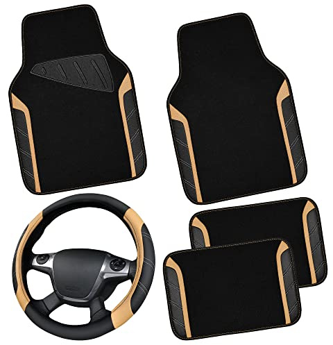 CAR PASS Leder Lenkradbezug und wasserdichte Auto Fußmatten, Mikrofaser Universal Auto Combo passend für 95% LKWs SUVs Autos, 36.8-38.1CM Sportlich Anti-Rutsch Design(Schwarz Beige)