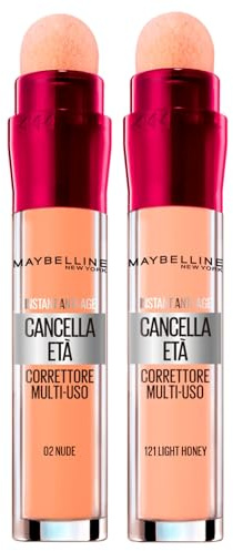 Maybelline New York Il Cancella Età Correttore Liquido Multiuso Colore 02 Nude con Applicatore a Spugnetta + Cancella Età Correttore Liquido 121 Light Honey Contro le Occhiaie Instant Anti-Age