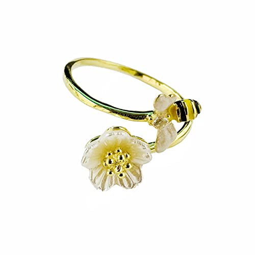 Anello a fascia regolabile con fiore di margherita e ape miele e zirconia cubica, anello a fascia, per donne, adolescenti, ragazze, delicati, alla moda, in argento Sterling 925, placcato oro 14