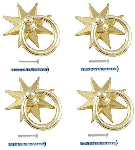 Uenhoy 4 Stück achteckige Stern-Schrankknäufe, dekorative goldene Sternknäufe für Schrank, Schublade, Kleiderschrank, Kommode, kreative Einlochknäufe mit Schrauben