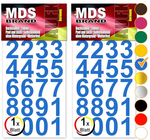 MDS Brand 3cm Zahlen Aufkleber Blau | Selbstklebende Klebezahlen | Vinyl Klebeziffer zum Aufkleben für Briefkasten, Büro Ordner, Hausnummer für Außen & Innen Peel (Blau)