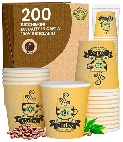200 Bicchierini in Carta da caffè 65ml CuzcoYellowCUP Bicchieri Ecologici Biodegradabili Monouso Piccoli Asporto Bevande Calde