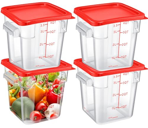 Maxcheck Set di 4 Contenitori Ermetici per Alimenti con Coperchio, Quadrati, Trasparenti, con Bilancia e Manico, Salvaspazio, per Casa, Cucina, Ristorante, per la Marinatura della Carne (Rosso)