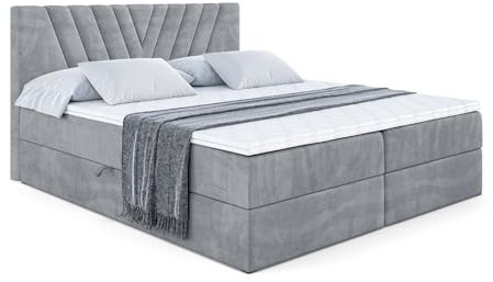 ALTDECOR Boxspringbett mit Matratze und Lattenrost, Boxbett, Topper, Polsterbett mit Bettkasten, Bett mit Stauraum H3-Matratze, Doppelbett, Springboxbett - ERNINA - 120x200 - Grau Samt