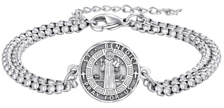 YFN Saint Benedict Armband Sterling Silber Religion Bewachen Einstellbar Armband St Benedict Schmuck Geschenke für Herren Damen