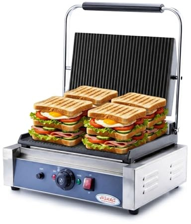 Hakka Electric Panini Press Grill, Commercial Contact Sandwich Toast Maker Non-Stick Ribbed Wider Plate 50-300℃ Temp Control Catering Machine for Making Breakfast, Steak, Hamburgers