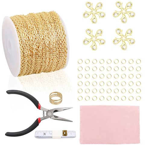 Fesorsi 60ft Gold Chain for Jewelry Making, Steel Plated Chains Rolls Extender Link Cable with Lobster Clasps Jump Rings and Plier, DIY Chains Bulk Making for Bracelet Necklace Anklet Earring