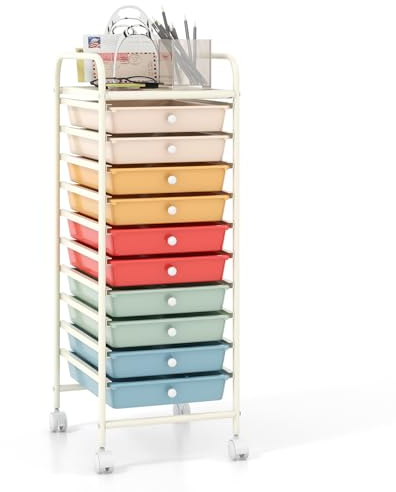 GOPLUS Chariot de Rangement à Roulettes avec 10 Tiroirs en PP, Tour de Rangement Mobile avec Poignée, Tablette Grand, Cadre en Métal, 37x33x86CM, Meuble Desserte pour Salle de Bain, Cuisine, Bureau
