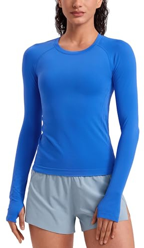 CRZ YOGA Seamless Long Sleeve Shirts for Women Waist Length - Workout Athletic Running Gym Yoga Tops Crewneck Breathable Sparkle Blue Small