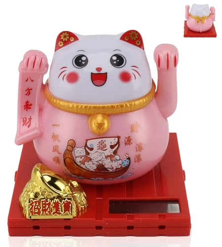 Jwthee Lucky Cat Car Decor, Solar Powered Waving Arm Cat Lucky Wealth Welcoming Cat Waving Fortune Cat Ornament Chinese Lucky Cats Statue Figurine for Home Car Decoration (Small)