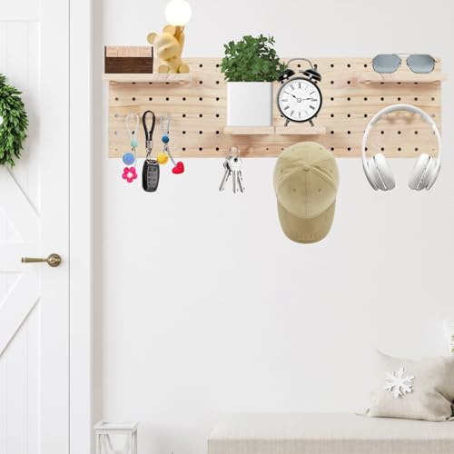 Pilipane Wooden Pegboard Wall Organizer Panel,Wooden Peg Board, Pegboard Combination Kit, Wall-Mounted Storage Pegboard With 4 Board and 12 Wood Sticks, Display Shelf for Home Entrance