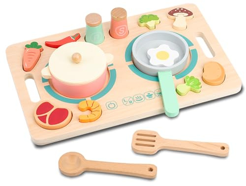 Kitchen Play Set Holz Küchenspielzeug Set Kinderküche Zubehör, Spielküche Zubehör, Küchenzubehör Kinder Spielzeug Lebensmittel mit Topfset und Kochgeschirr Lernspiele Kinderspielzeug Geschenk