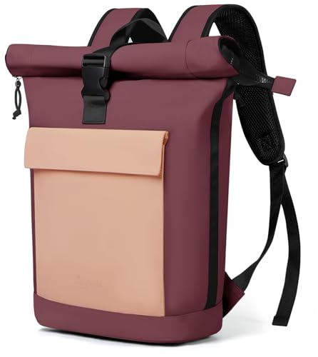 Lekeinchi Rolltop Rucksack Damen & Herren, Elegant Laptop Rucksack Wasserdicht mit 17 Zoll Laptopfach, Großer Reiserucksack Tagesrucksack Schulrucksack für Reisen, Uni Schule, Arbeit - Rotwein