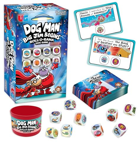 University Games Dog Man: Big Jim Begins Dice Game, Fast-Paced Family Board Game, Ages 6+, 2-4 Players, Blue and Red