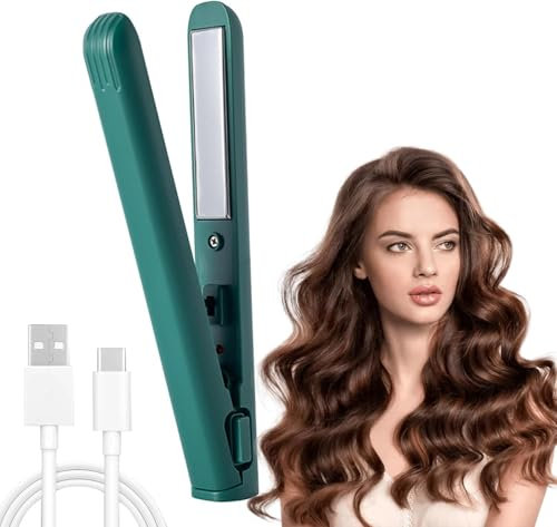 PZCC Mini à Friser et Fer Plat, Bigoudis Chauffant, Portable Fer A Boucler, Interface USB Rechargeable, Convient à Tous Les Types de Cheveux pour GarçOns et Filles (Vert)