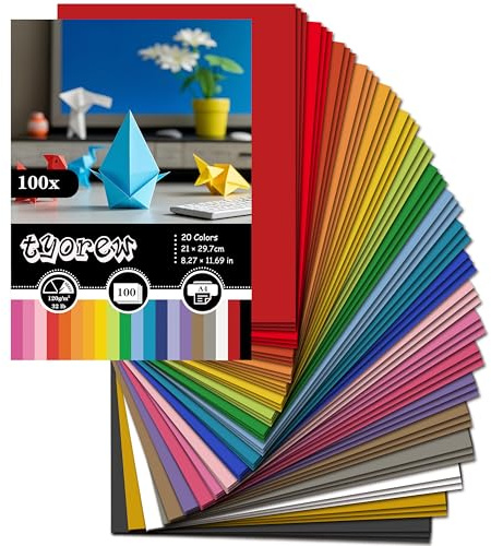 100 ark färgat papper, 20 färger A4-färgat kort tjockt hantverkspapper (120 gsm), perfekt för konst, origami, hantverk och tryck, 21 x 29,7 cm