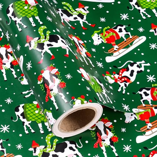 RUSPEPA Kuh-Weihnachtsgeschenkpapier – Mini-Rolle – 43,2 cm x 10 m – Dunkelgrünes Kuh-Weihnachtsgeschenkpapier
