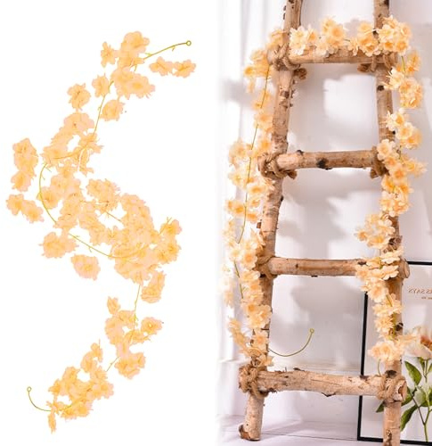 Qivra 2 Stück Blumengirlande Deko Champagnerfarbe, Kirschblüten Deko 1.8M, Kunstblumen Hängend, 135 Blütenköpfe Blumengirlande, Kunstblumen Hängen für Hochzeit Party Haus Garten Bogen Wände