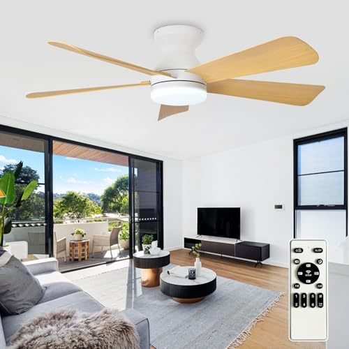Depuley Ventilador de techo moderno con luz: Ventiladores pequeños blancos de 42 pulgadas para dormitorio - Ventiladores de techo empotrable regulables con mando a distancia 5 aspas blancas invertidas