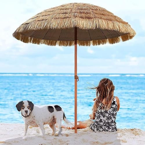 PPLDABNK Ombrellone Esterno in Paglia 160Cm/200Cm, Parasole in Paglia Tropicale, Ombrellone Pieghevole Inclinato in Paglia, Altezza Regolabile con 8 Stecche E Base per Spiaggia, Piscina E Giardino,2m