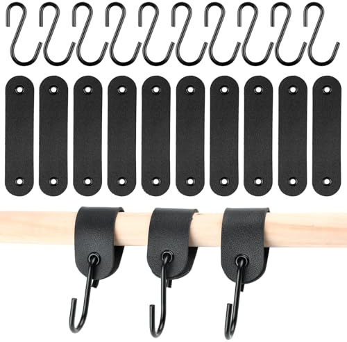 Wefaly S Haken mit Lederschlaufe, 10 Stück Hake n zum Einhängen Edelstahl S Haken Schwarz Hake n für Kleiderstange Kleiderhaken für Küche Bad Schlafzimmer Garderobe und Camping (12,5 x 3cm)