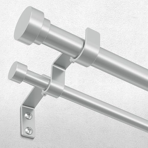 Double Curtain Rod, 1 Inch Silver Dual Curtain Rods 36 to 72 Inch with Aluminium Modern End Cap Finials, Adjustable Heavy Duty Window Treatment Rods, Telescopic Metal Double Drapery Pole Set